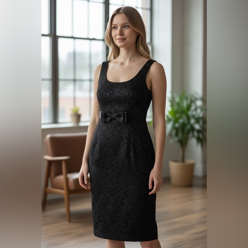 Nanette Lepore Sheath Dress Black Womens 6 Jacquard Floral Bow‎ Wool Y2K Party